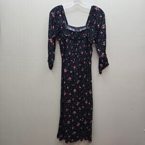 Oak & Trellis NWT Cherry Print Blouson Sleeve Smocked Midi Dress Black SZ Large